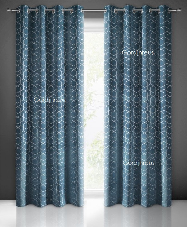 Velours gordijn met ringen Hexa blauw 140x250 cm 2 stuks