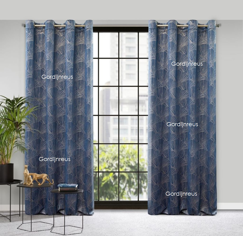 VELOURS GORDIJN PIERRE CARDIN blauw met goud print 140X250CM 2 STUKS
