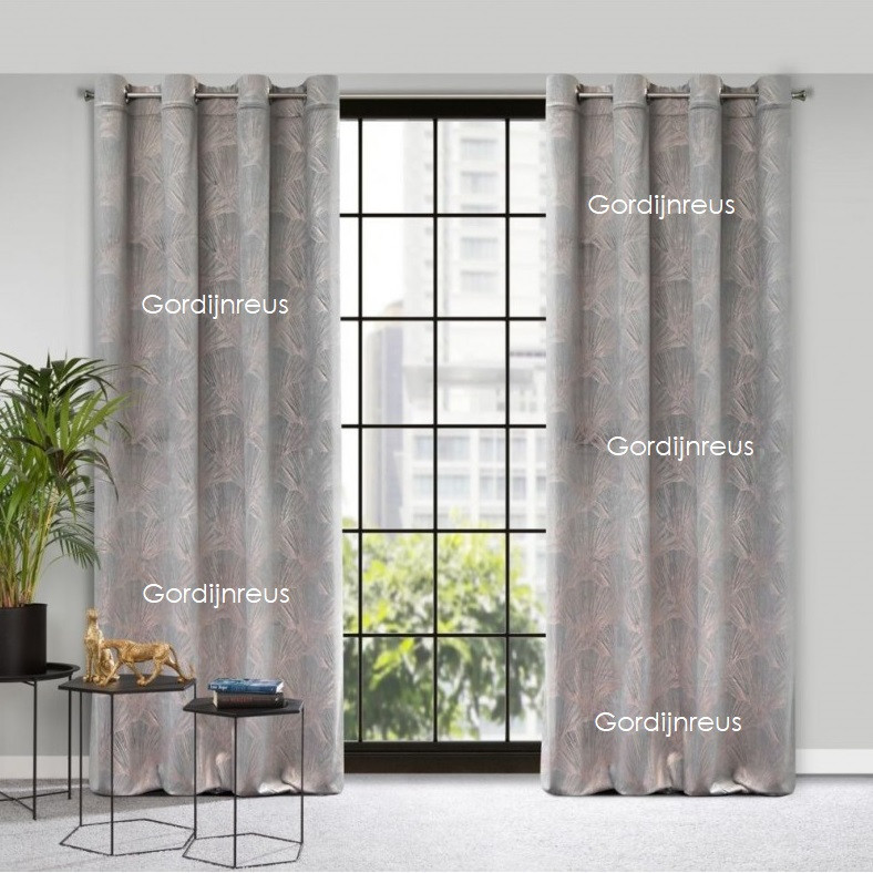 VELOURS GORDIJN GRIJS met goud print 140X250CM 2 STUKS