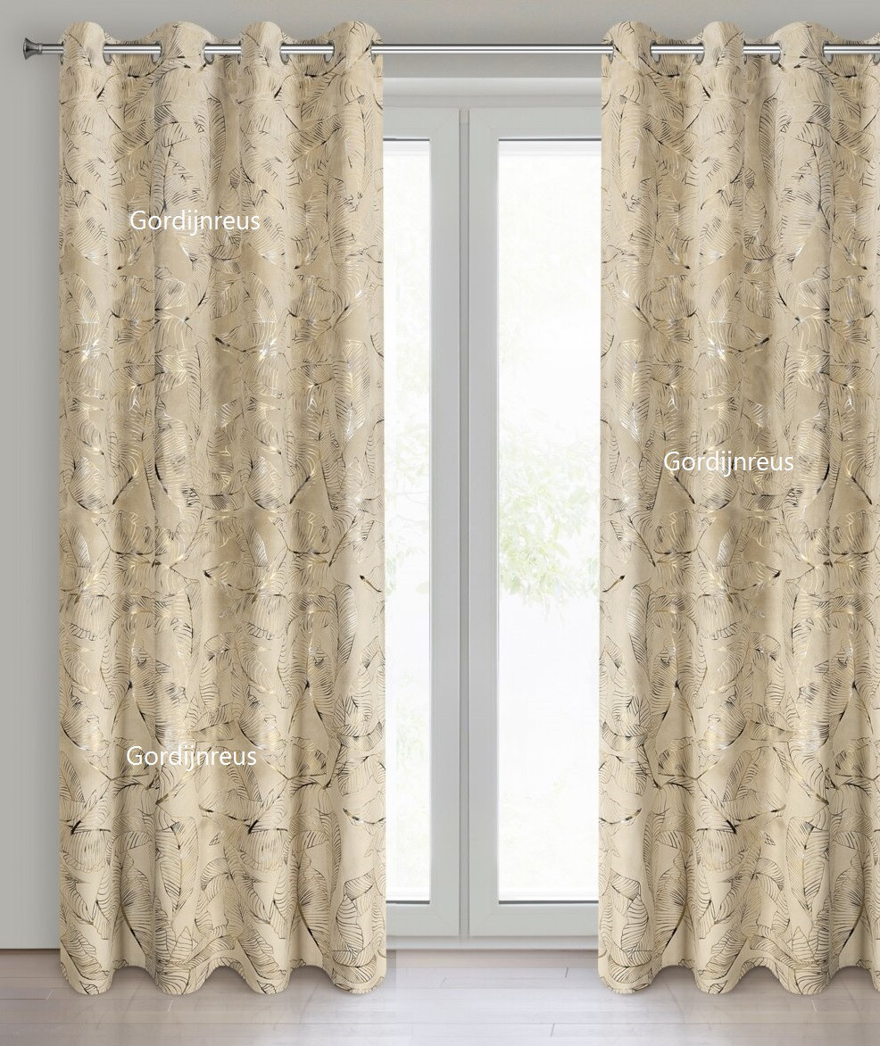 VELOURS GORDIJN met ringen LEAFY BEIGE 140X250CM 2 STUKS