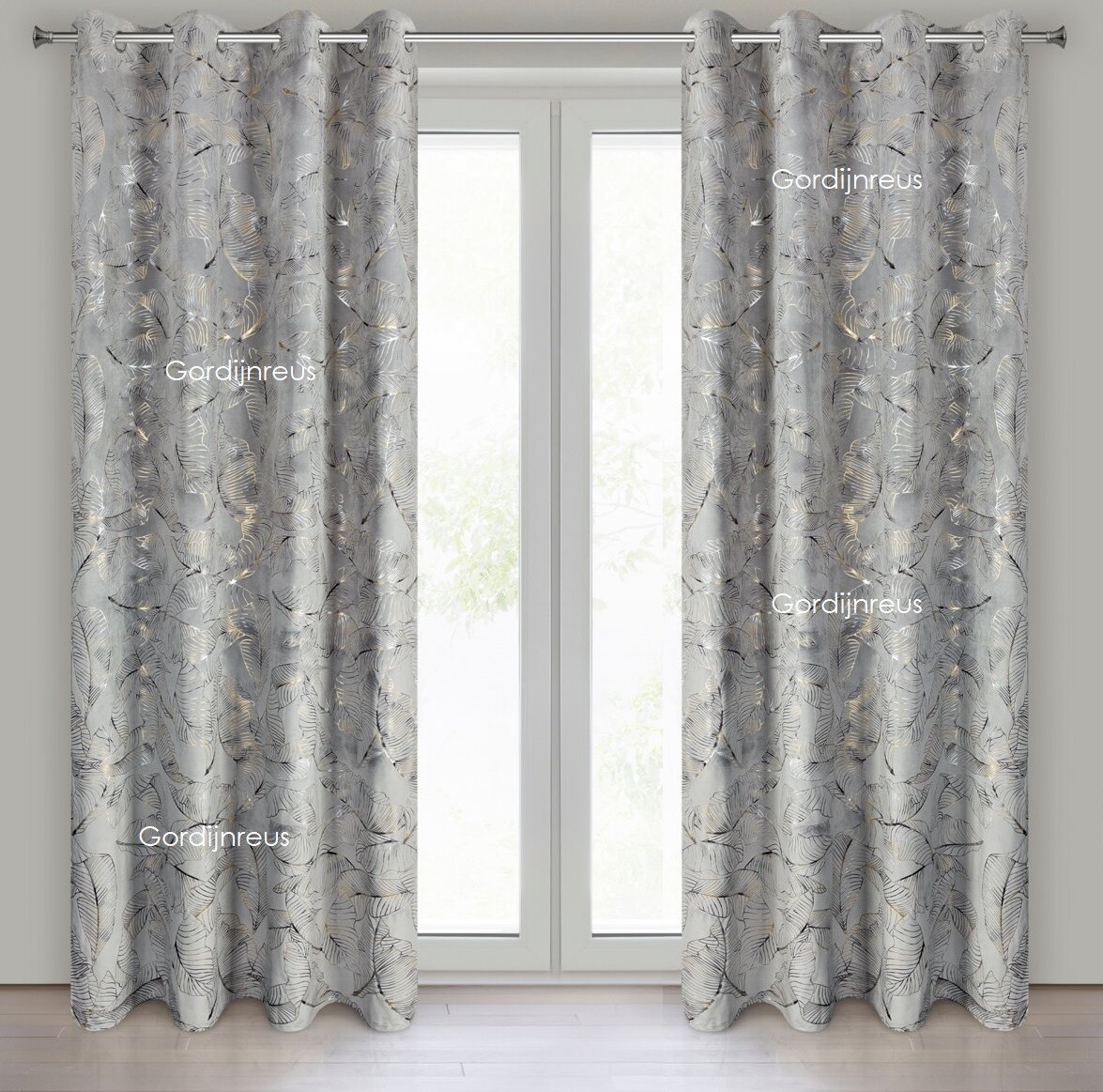 VELOURS GORDIJN met ringen LEAFY GRIJS 140X250CM 2 STUKS
