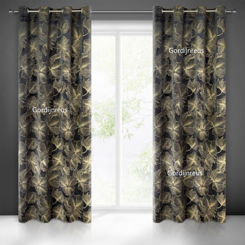 VELOURS GORDIJN met ringen ZORA zwart 140X250CM 2 STUKS