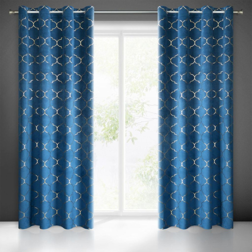 Velours gordijnen kant en klaar blauw met goud print 140X250cm 2 stuks
