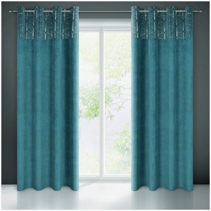 VELOURS RINGGORDIJN turquoise met zilver print 140X250CM 2 STUKS