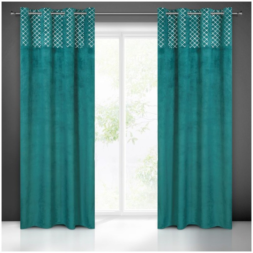VELOURS GORDIJN TURQUOISE met zilver print 140X250CM 2 STUKS