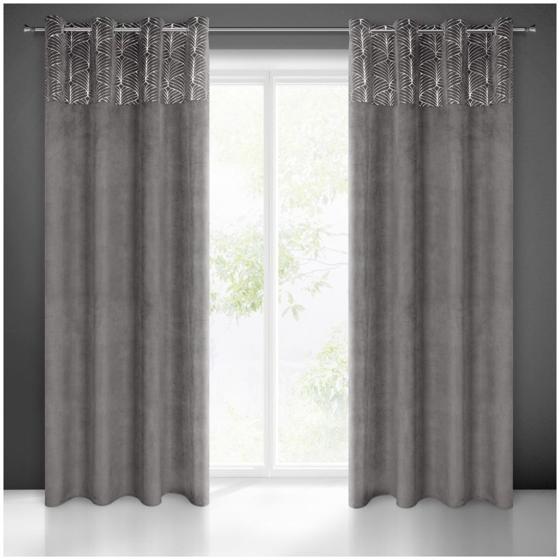 VELOURS VERDUISTERENDE GORDIJN GRIJS met zilver print 140X250CM 2 STUKS