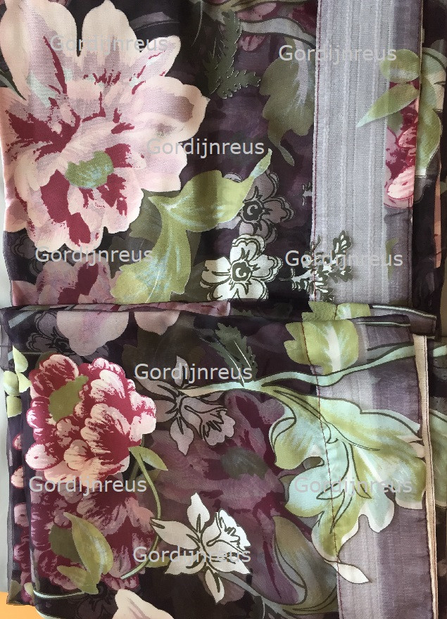 Vitrage plooigordijn Donkerpaars met bloemen 2 stuks - 250cm x 250cm 